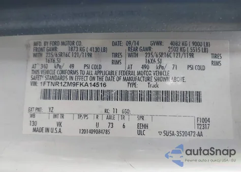 2015 Ford Transit-250 z USA, uszkodzony, nr VIN 1FTNR1ZM9FKA14516